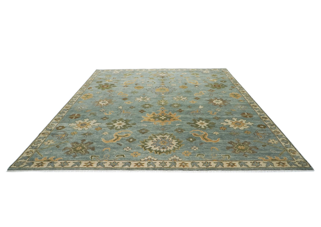 Palace Celadon, Beige, Lime Color Hand Knotted Oushak Wool Transitional Oriental Rug