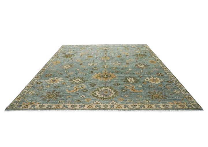 Palace Celadon, Beige, Lime Color Hand Knotted Oushak Wool Transitional Oriental Rug