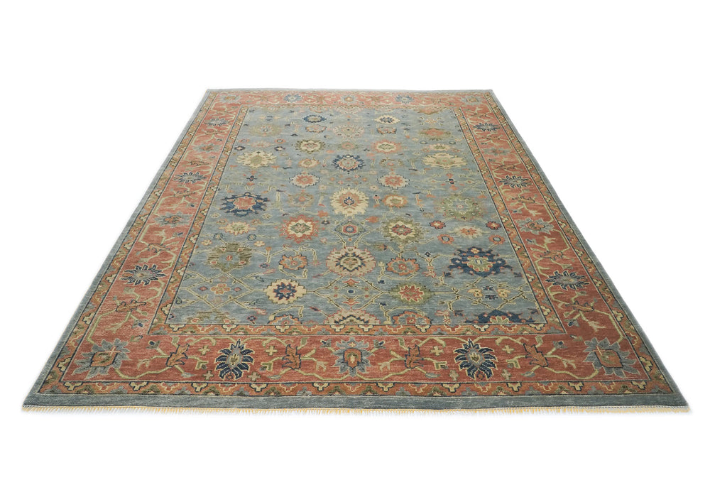 Palace Blue, Peach, Gold Color Hand Knotted Oushak Wool  Oriental Rug
