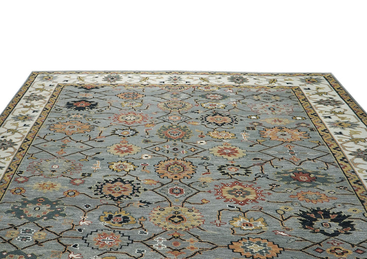 12x15 Slate, Ivory, peach Color Hand Knotted Oushak Wool Arts and Crafts Oriental Rug
