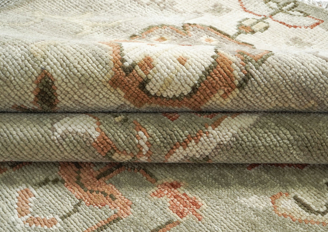 10x14 Green, Ivory, Rust Color Hand Knotted Oushak Wool Transitional Oriental Rug
