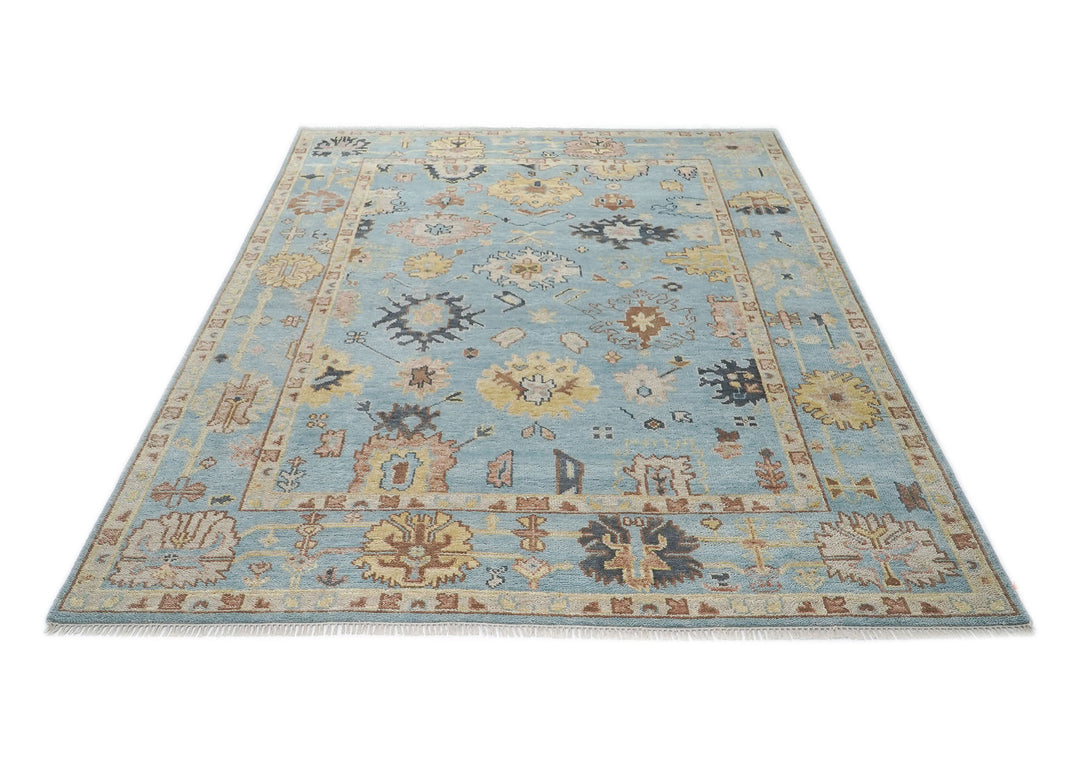 9x12 Blue, Beige, Light Gold Color Hand Knotted Oushak Wool  Oriental Rug