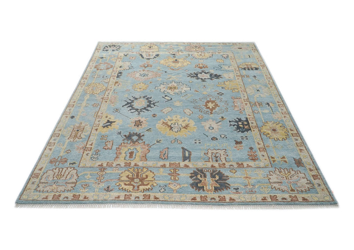 9x12 Blue, Beige, Light Gold Color Hand Knotted Oushak Wool Arts and Crafts Oriental Rug
