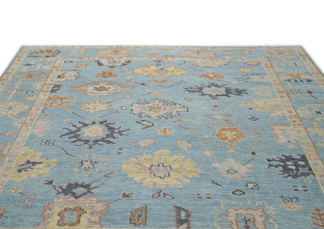 9x12 Blue, Light Gold, Rose Color Hand Knotted Oushak Wool Arts and Crafts Oriental Rug