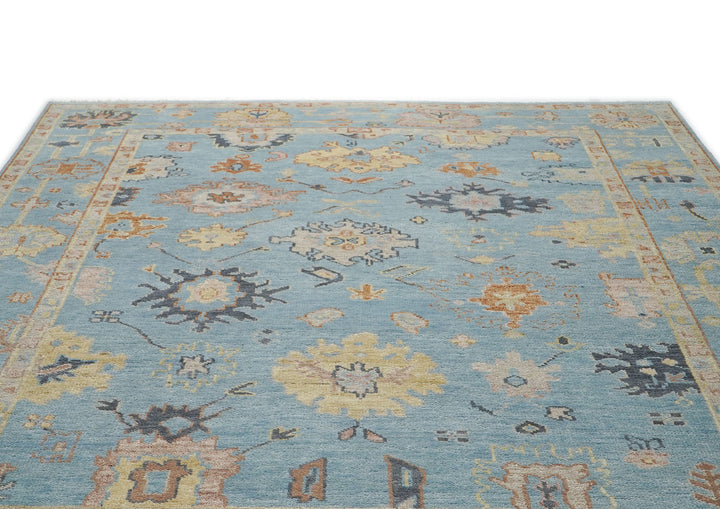 9x12 Blue, Light Gold, Rose Color Hand Knotted Oushak Wool  Oriental Rug