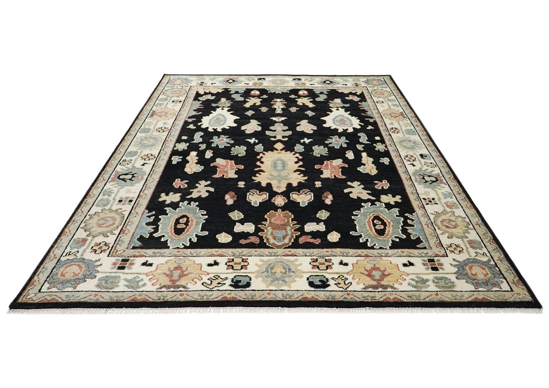 9x12 Black, Ivory, Rust Color Hand Knotted Oushak Wool Arts and Crafts Oriental Rug