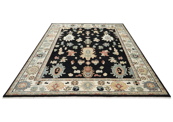 9x12 Black, Ivory, Rust Color Hand Knotted Oushak Wool Arts and Crafts Oriental Rug