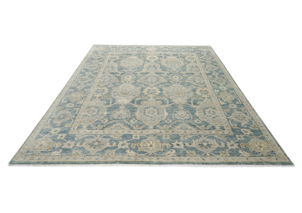 9x12 Blue, Slate, Beige Color Hand Knotted Oushak Wool Transitional Oriental Rug