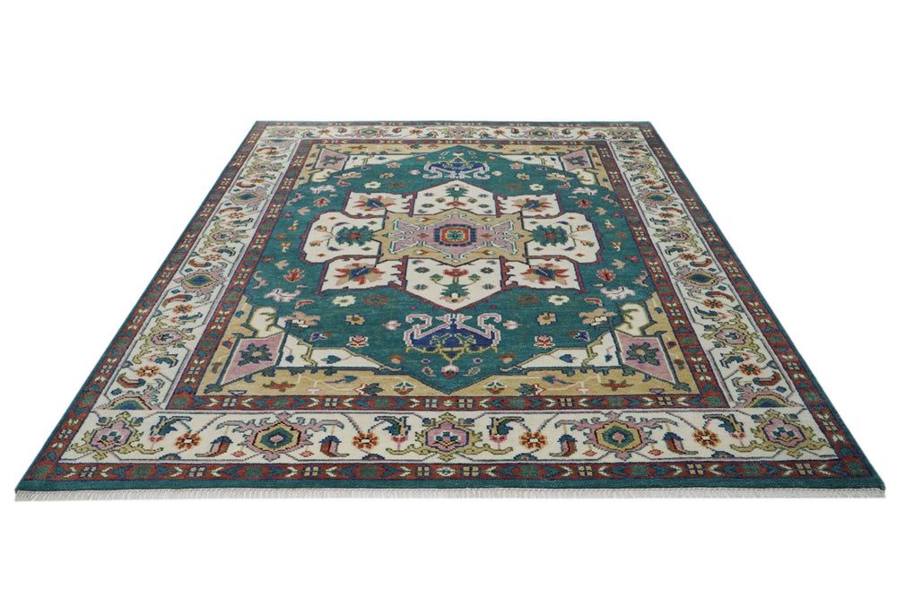 9x12 Teal, Ivory, Green Color Hand Knotted Oushak Wool  Oriental Rug