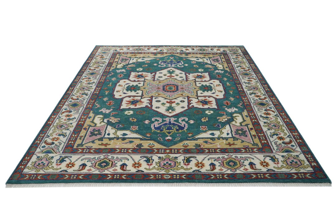 9x12 Teal, Ivory, Green Color Hand Knotted Oushak Wool  Oriental Rug