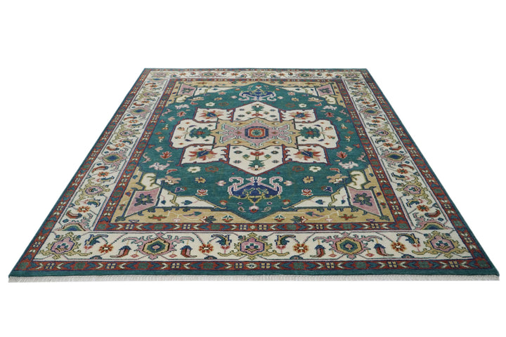 9x12 Teal, Ivory, Green Color Hand Knotted Oushak Wool  Oriental Rug