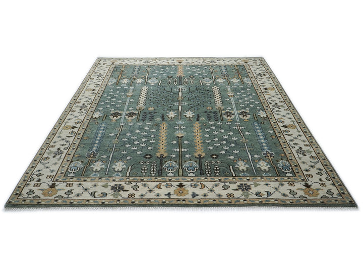 9x12 Celadon, Beige, Brown Color Hand Knotted Oushak Wool Transitional Oriental Rug