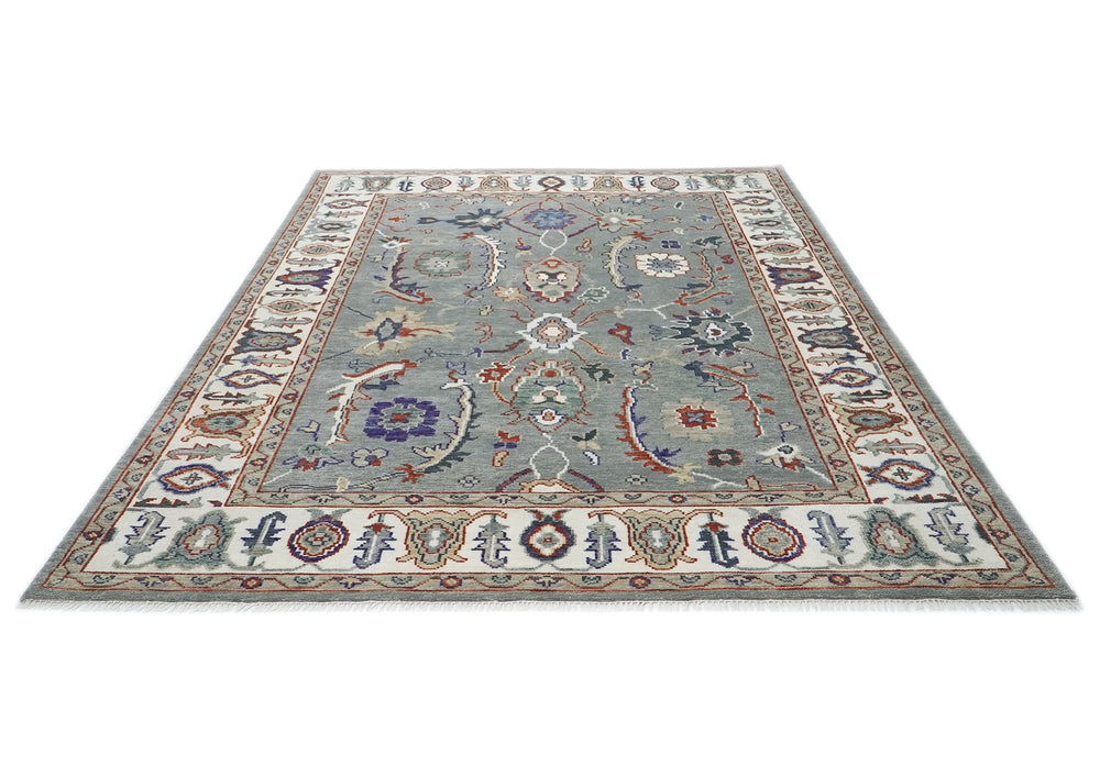 9x12 Slate, Ivory, Rust Color Hand Knotted Oushak Wool Transitional Oriental Rug