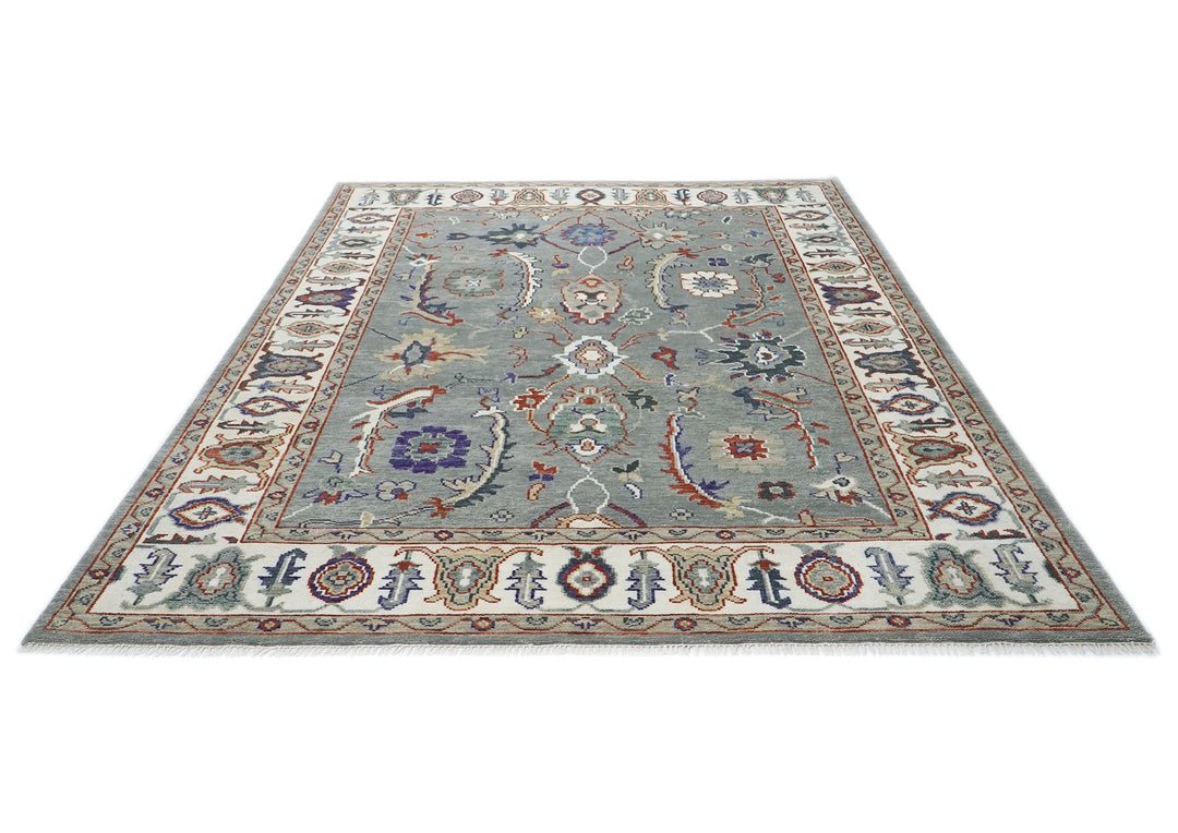 9x12 Slate, Ivory, Rust Color Hand Knotted Oushak Wool Transitional Oriental Rug