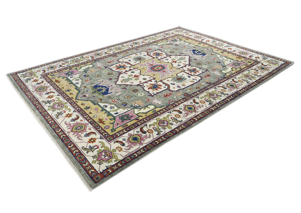 10x14 Ivory, Gray, Rust Color Hand Knotted Oushak Wool  Oriental Rug