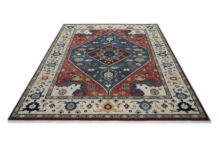 9x12 Blue, Burnt Orange, Brown Color Hand Knotted Oushak Wool Traditional Oriental Rug