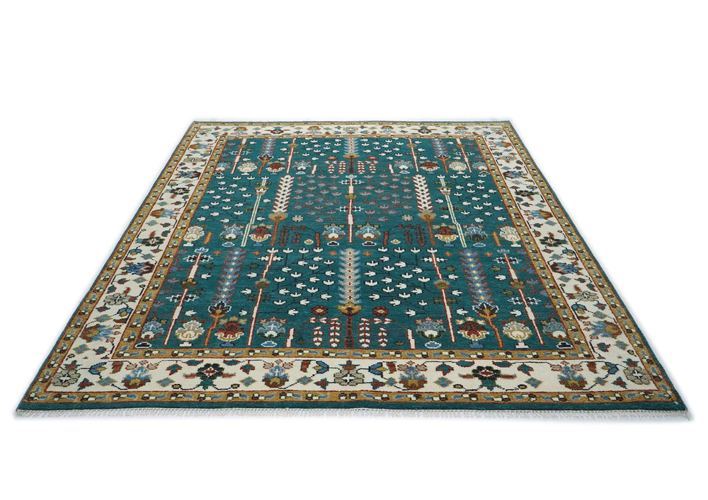 9x12 Turquoise, Ivory, Burnt Orange Color Hand Knotted Oushak Wool Transitional Oriental Rug