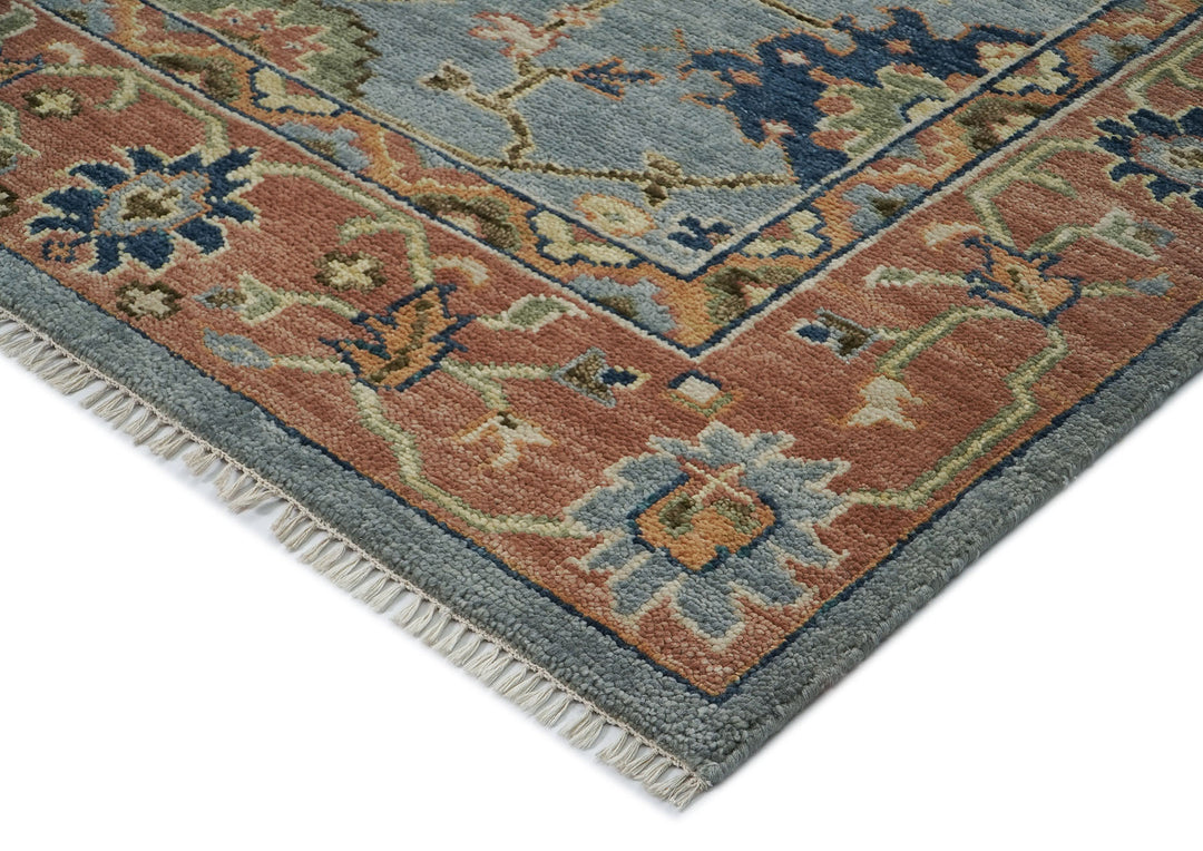 9x12 Slate, Blue, peach Color Hand Knotted Oushak Wool Arts and Crafts Oriental Rug