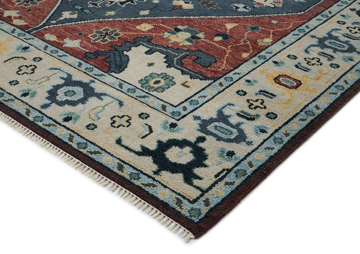 9x12 Blue, Burnt Orange, Beige Color Hand Knotted Oushak Wool Traditional Oriental Rug