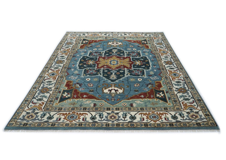 9x12 Blue, Ivory, Mint Color Hand Knotted Oushak Wool  Oriental Rug