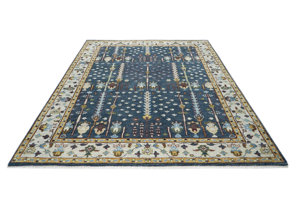 9x12 Blue, Ivory, Tan Color Hand Knotted Oushak Wool Transitional Oriental Rug