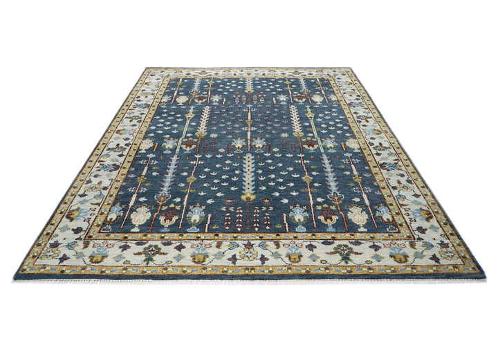 9x12 Blue, Ivory, Tan Color Hand Knotted Oushak Wool Transitional Oriental Rug