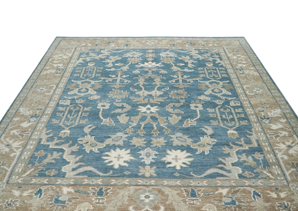 9x12 Blue, Tan, Ivory Color Hand Knotted Oushak Wool Transitional Oriental Rug