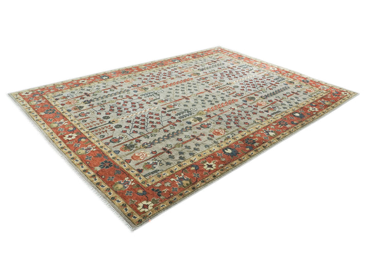 10x14 Light Blue, Burnt Orange, Lime Color Hand Knotted Oushak Wool Transitional Oriental Rug