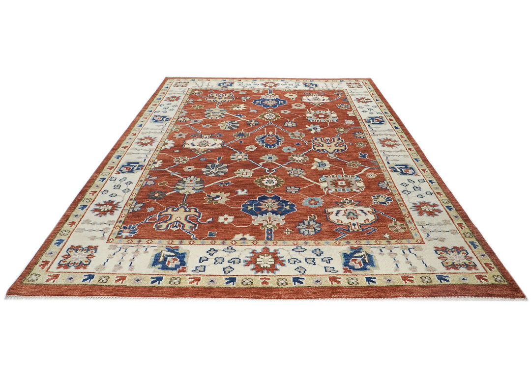 9x12 Burnt Orange, Ivory, Navy Color Hand Knotted Oushak Wool Transitional Oriental Rug