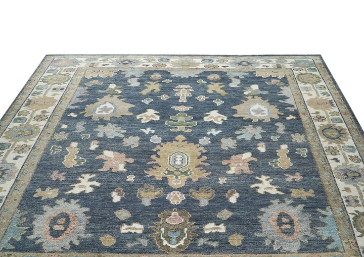 9x12 Blue, Ivory, Moss Color Hand Knotted Oushak Wool Arts and Crafts Oriental Rug