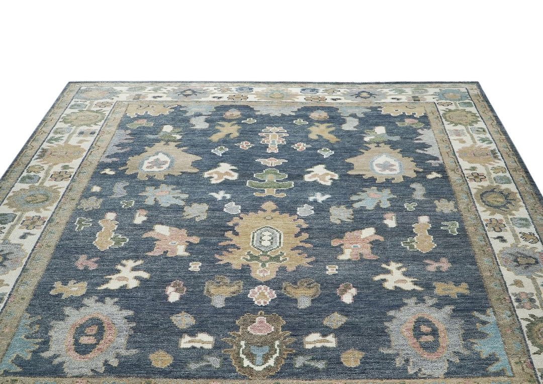 9x12 Blue, Ivory, Moss Color Hand Knotted Oushak Wool  Oriental Rug