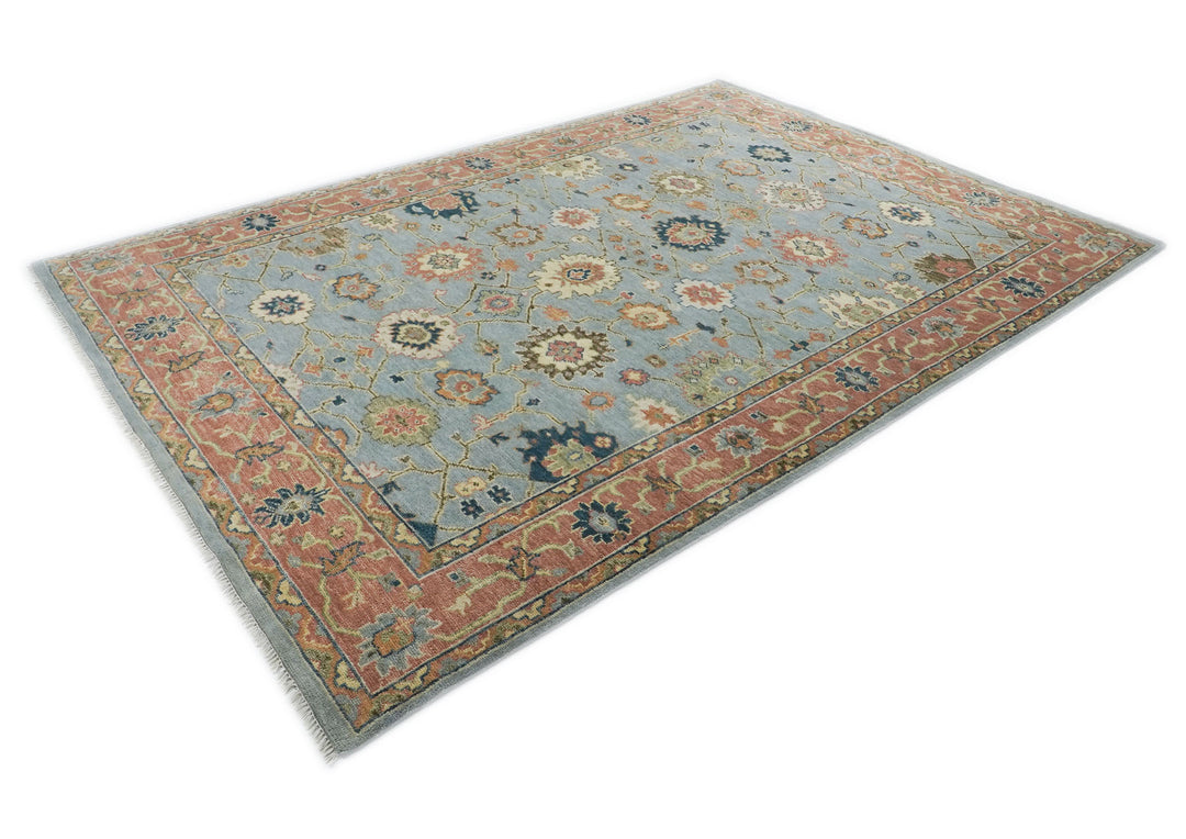 10x14 Blue, Rose, Ivory Color Hand Knotted Oushak Wool Arts and Crafts Oriental Rug