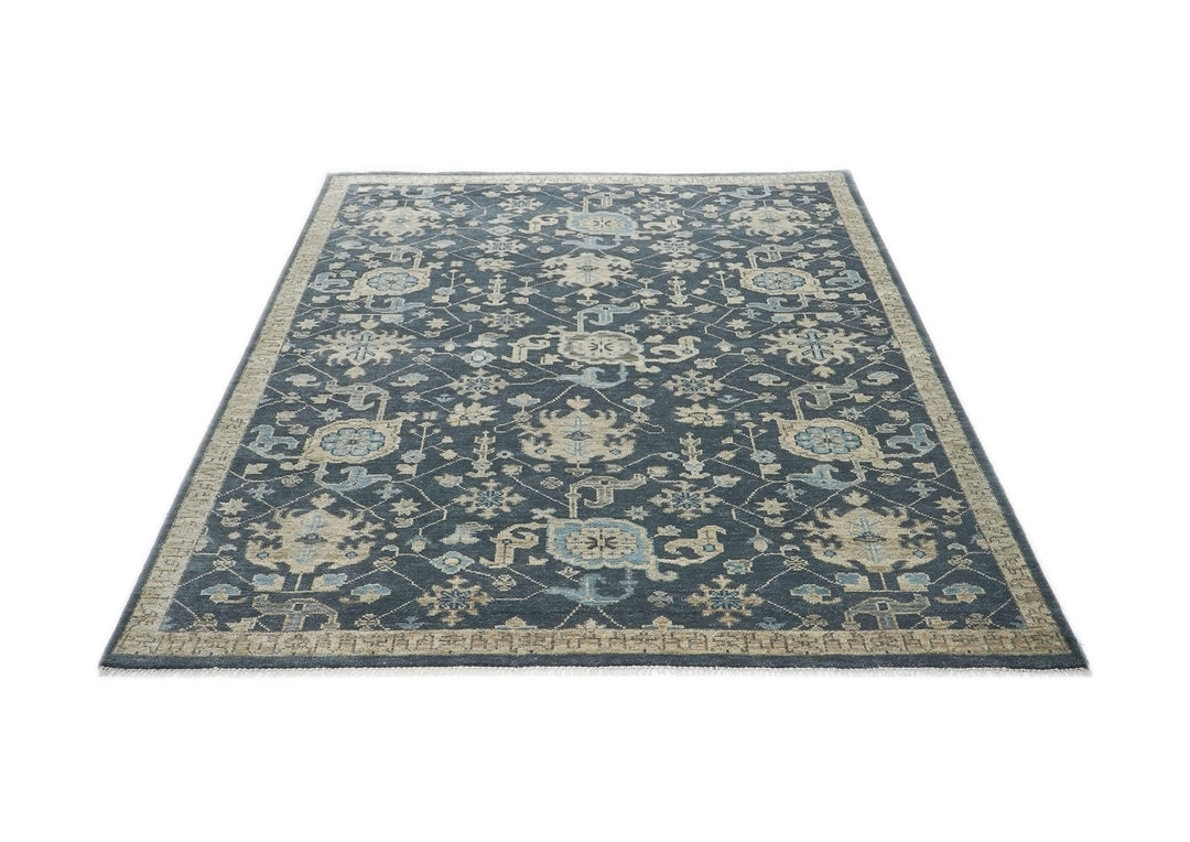 9x12 Blue, Beige, Gray Color Hand Knotted Oushak Wool Transitional Oriental Rug