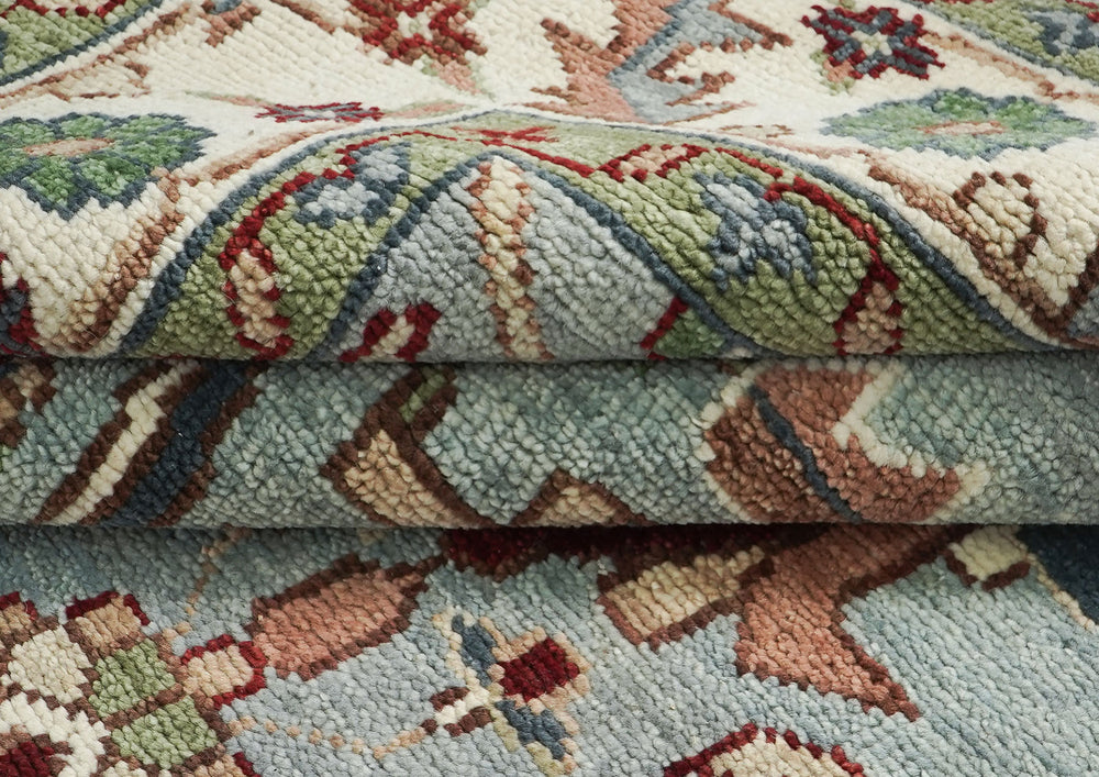 9x12 Blue, Ivory, Sage Color Hand Knotted Oushak Wool Transitional Oriental Rug