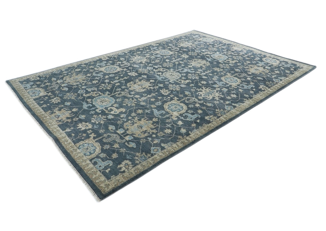 10x14 Blue, Beige, Moss Color Hand Knotted Oushak Wool Arts and Crafts Oriental Rug