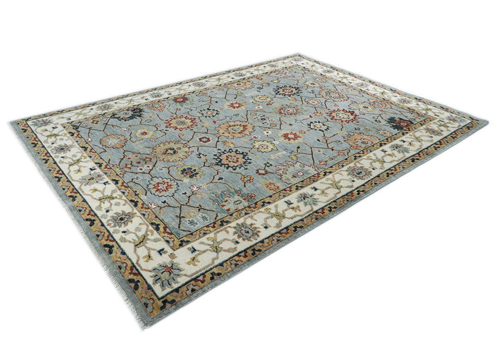 10x14 Blue, Ivory, Gold Color Hand Knotted Oushak Wool Arts and Crafts Oriental Rug