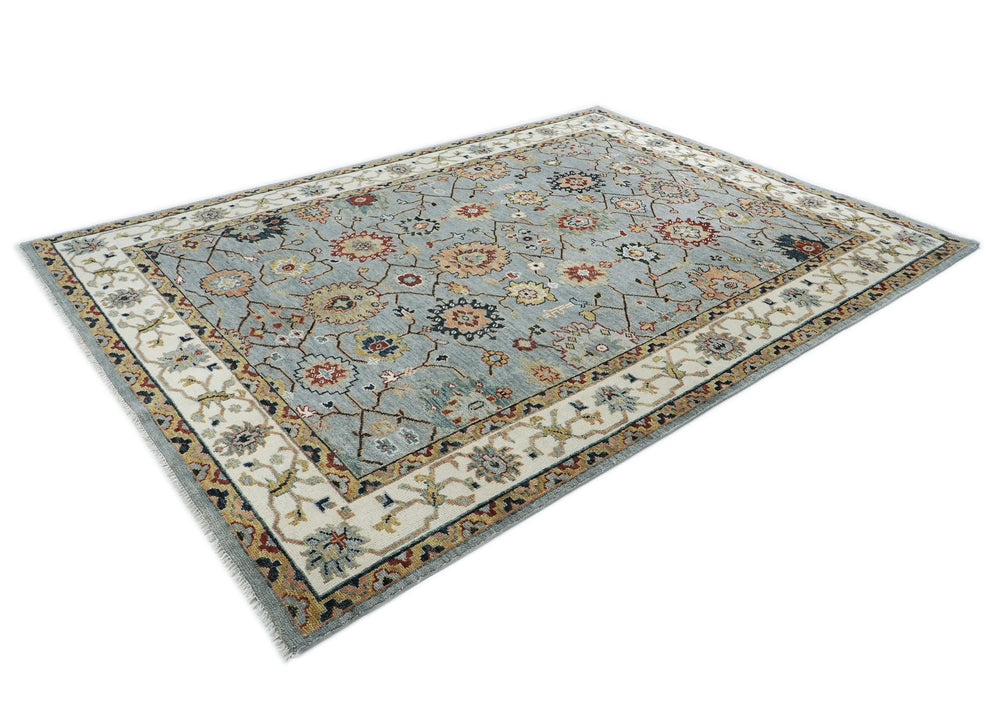 10x14 Blue, Ivory, Gold Color Hand Knotted Oushak Wool  Oriental Rug