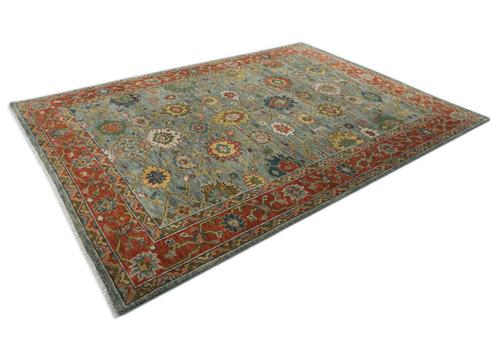 10x14 Blue, Burnt Orange, Gold Color Hand Knotted Oushak Wool Arts and Crafts Oriental Rug