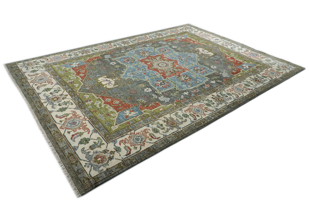 10x14 Gray, Blue, Lime Color Hand Knotted Oushak Wool  Oriental Rug
