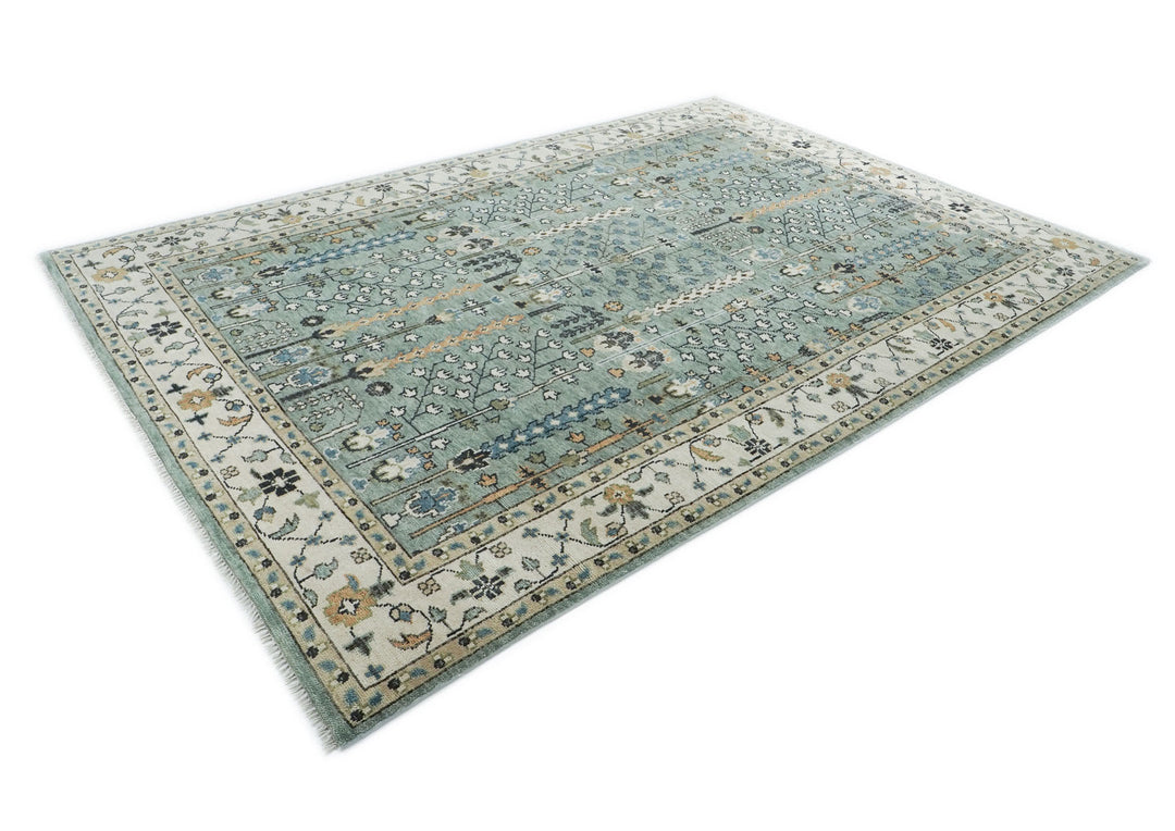 10x14 Aqua, Ivory, Tan Color Hand Knotted Oushak Wool Transitional Oriental Rug