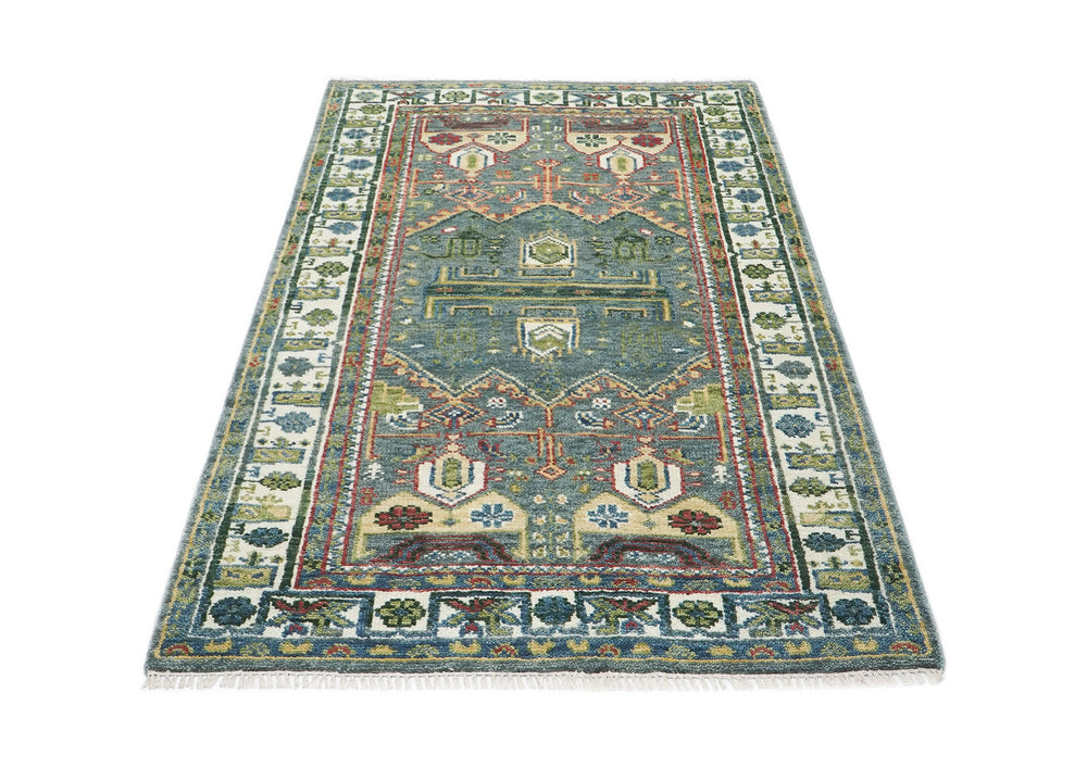 5x8 Teal, Ivory, Lime Color Hand Knotted Oushak Wool Transitional Oriental Rug