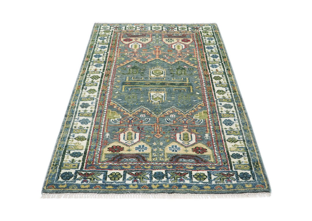 5x8 Teal, Ivory, Lime Color Hand Knotted Oushak Wool Transitional Oriental Rug