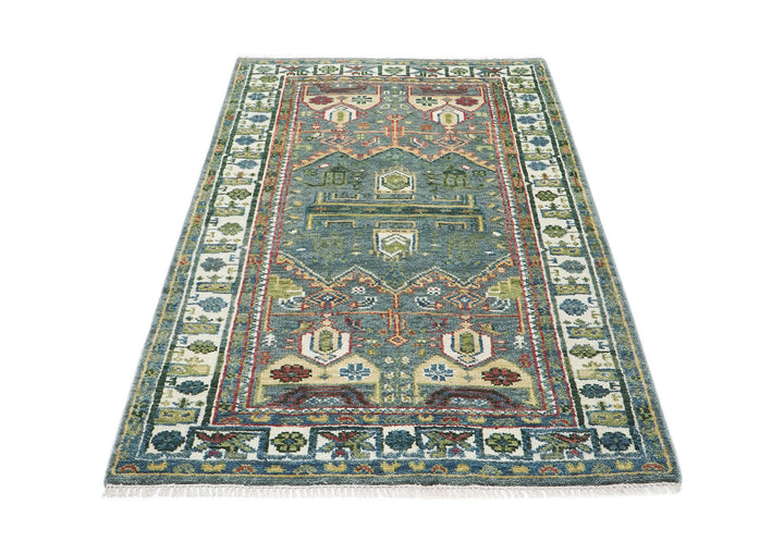 5x8 Teal, Ivory, Lime Color Hand Knotted Oushak Wool Transitional Oriental Rug