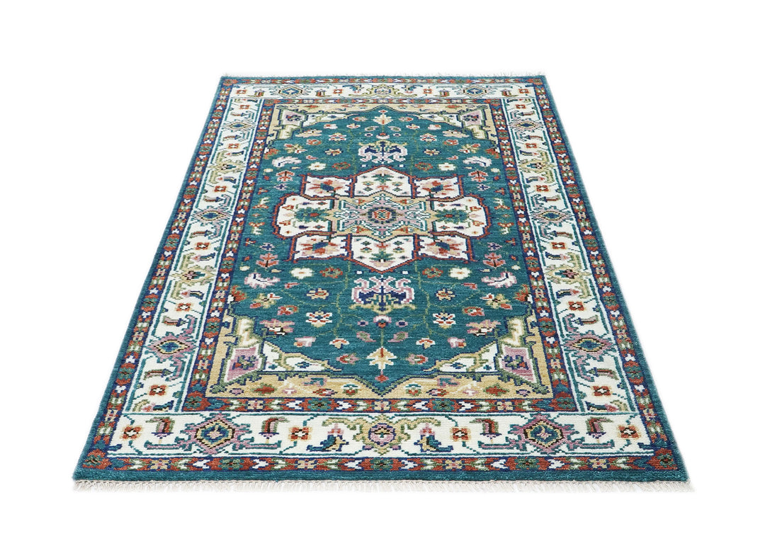 5x8 Turquoise, Ivory, Burnt Orange Go Color Hand Knotted Oushak Wool Traditional Oriental Rug