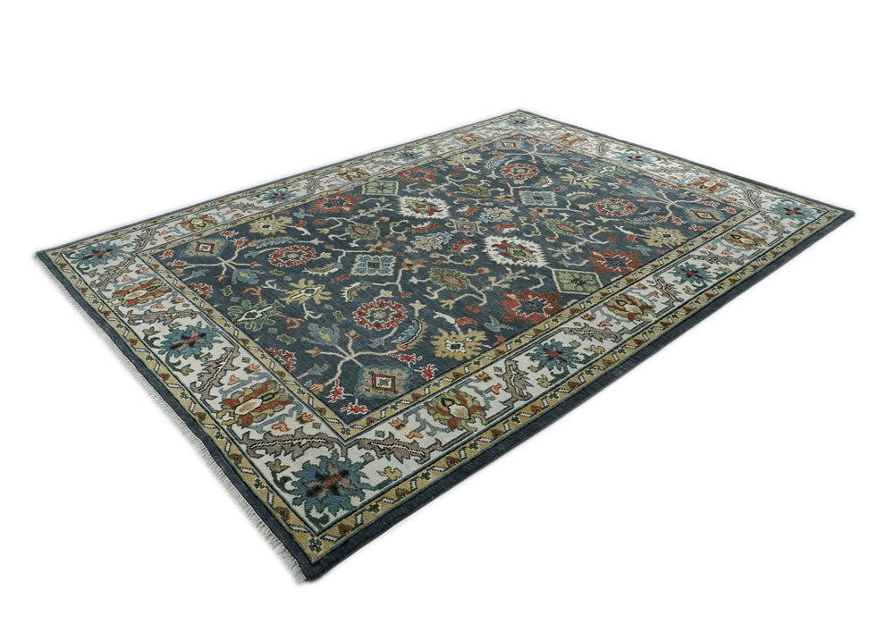 10x14 Dark Blue, Ivory, Green Color Hand Knotted Oushak Wool Arts and Crafts Oriental Rug