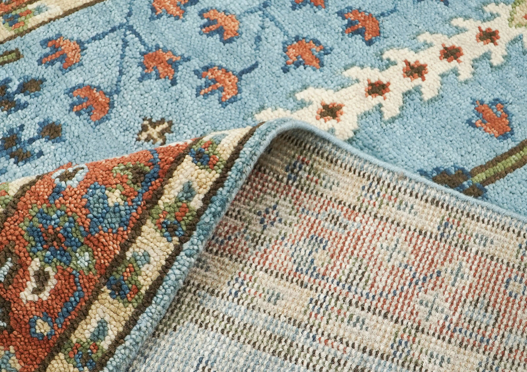 5x8 Blue, Burnt Orange, Ivory Color Hand Knotted Oushak Wool Transitional Oriental Rug