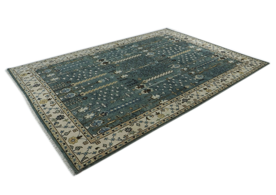 10x14 Celadon, Beige, Brown Color Hand Knotted Oushak Wool Transitional Oriental Rug