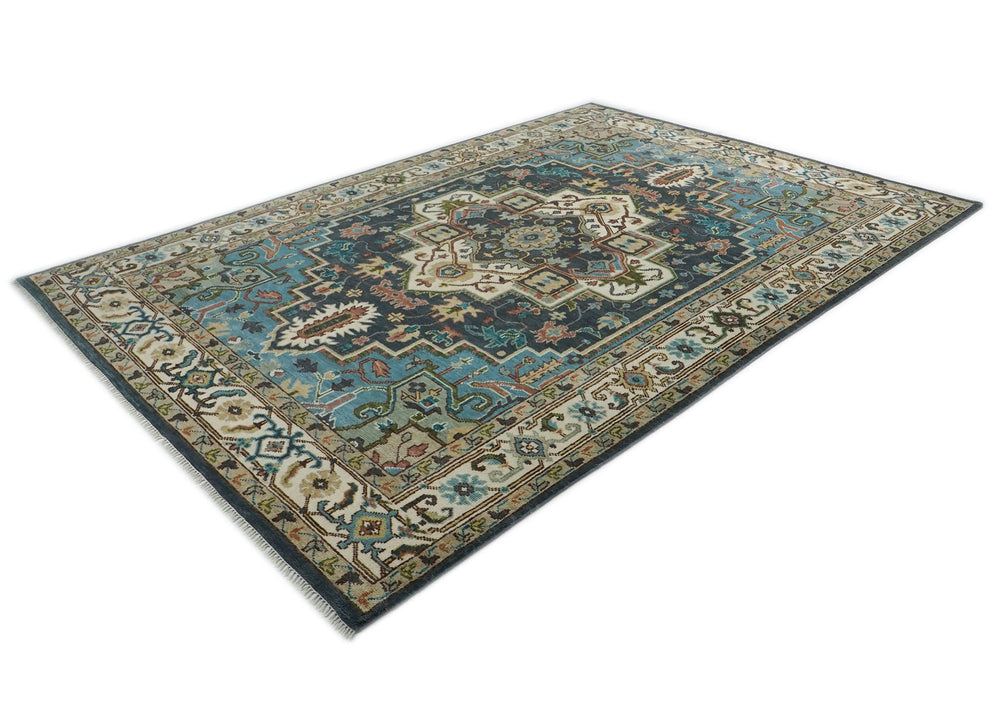 10x14 Blue, Ivory, Beige Color Hand Knotted Oushak Wool  Oriental Rug