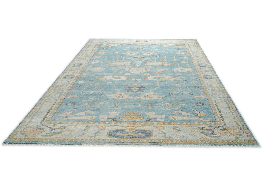 10x14 Aqua, Gray, Tan Color Hand Knotted Oushak Wool Transitional Oriental Rug