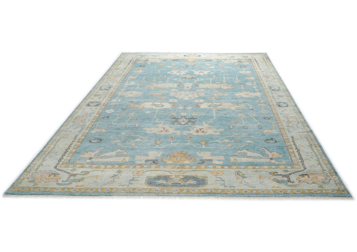 10x14 Aqua, Gray, Tan Color Hand Knotted Oushak Wool Transitional Oriental Rug